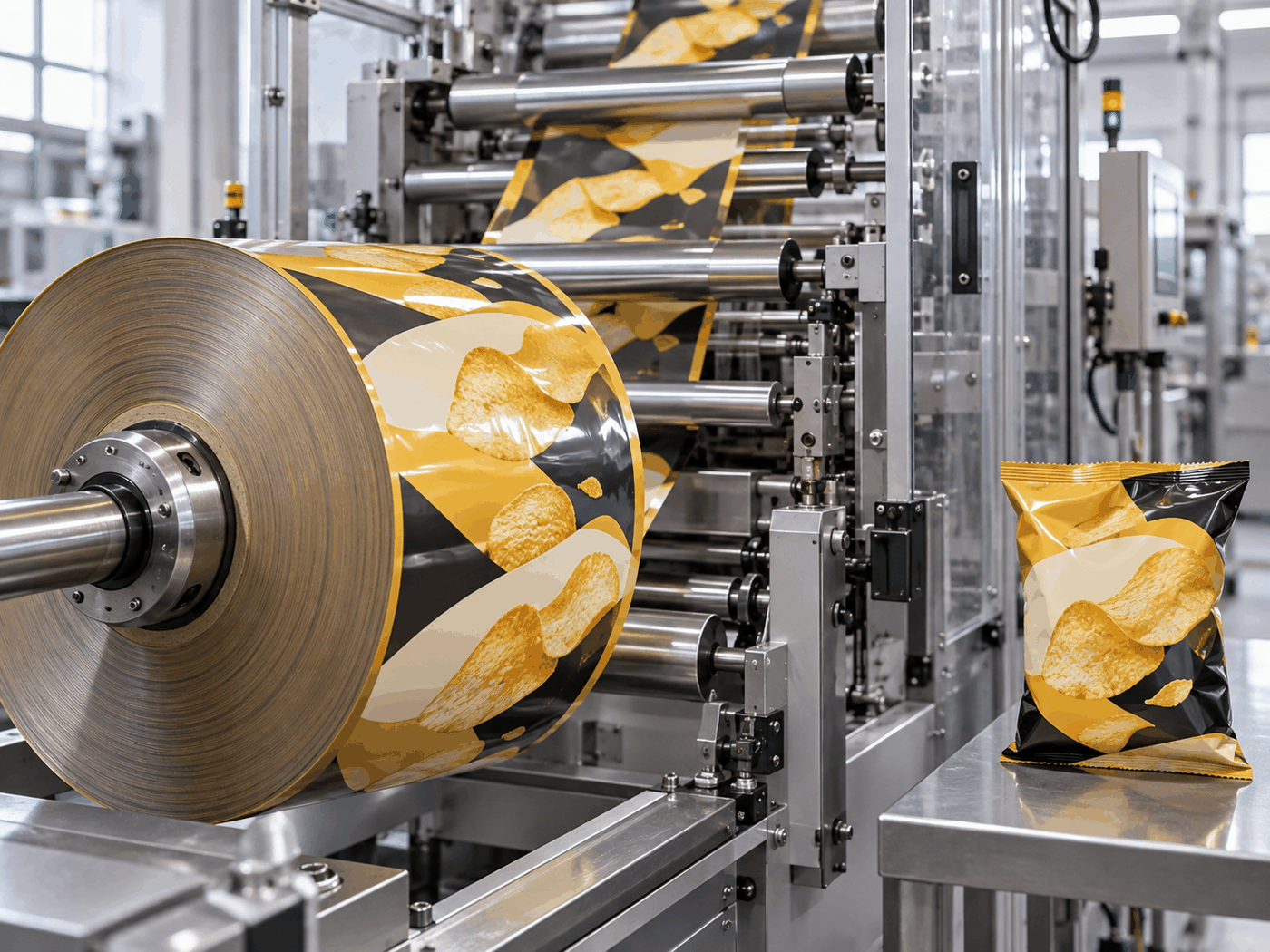 Printed snack packaging film roll and finished snack bag