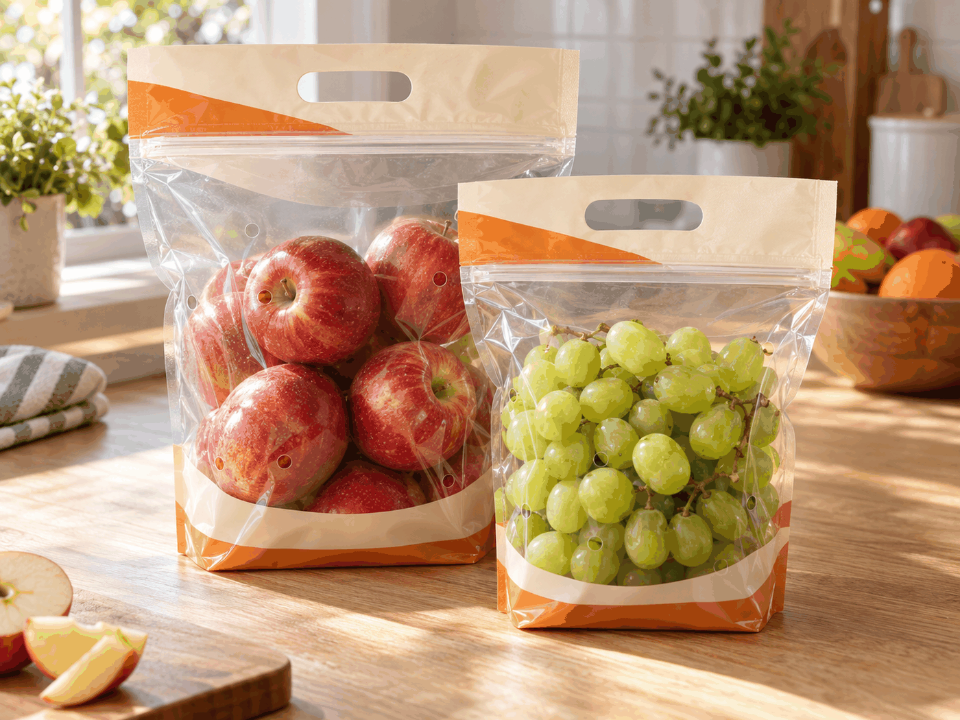 Fresh produce in stand-up pouches with carrying handles