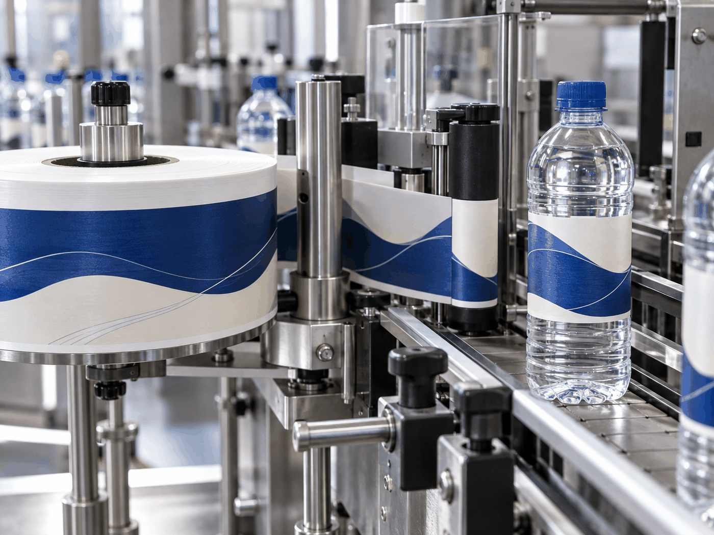 Roll-fed beverage labels on a bottle labeling line